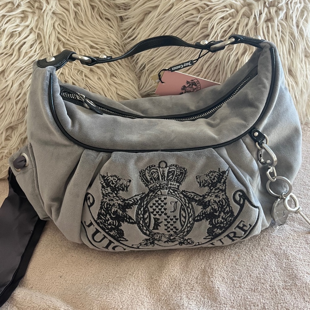 Juicy Couture daydreamer hobo bag gray twig dog Scottie dog 2000s Y2K